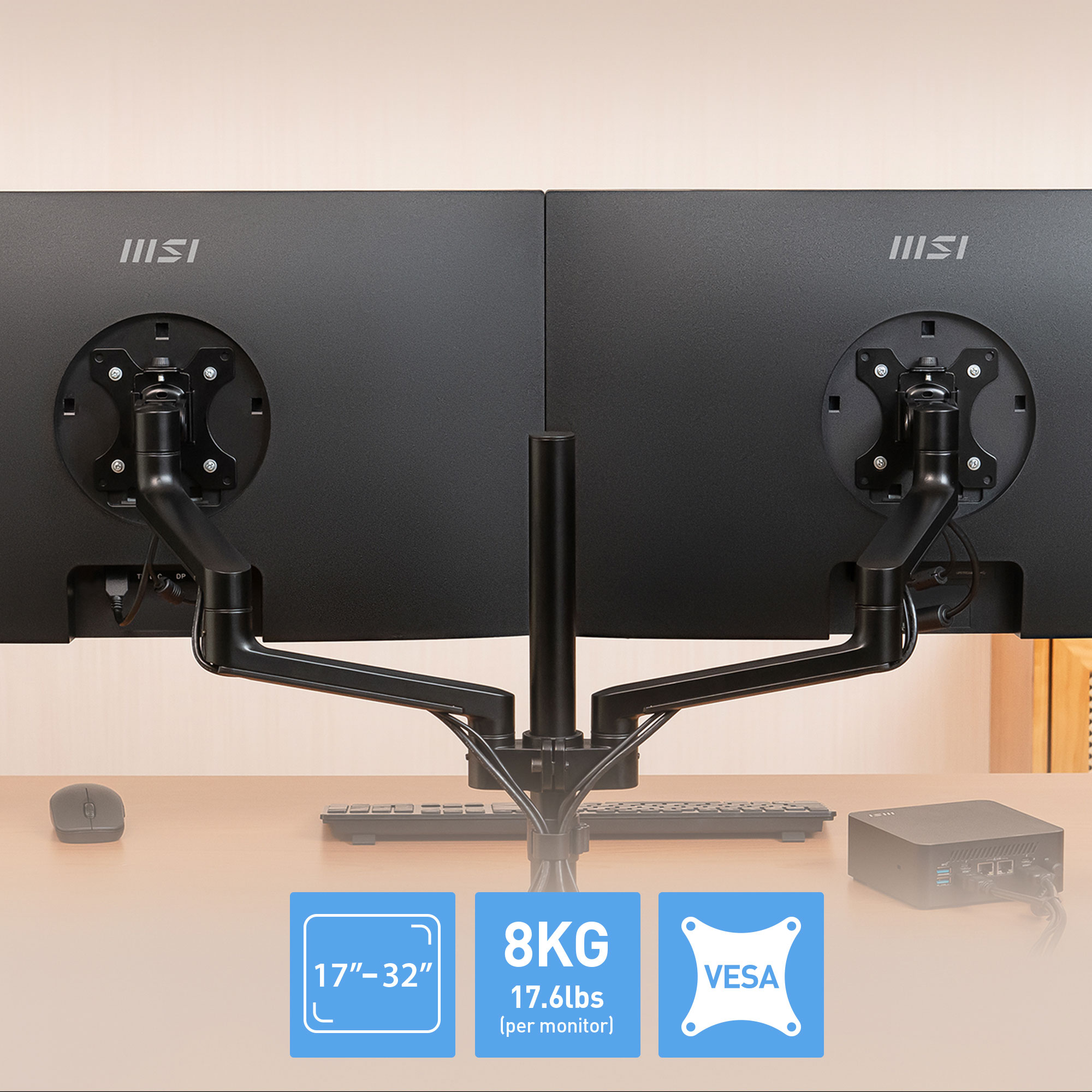 MSI PRO MT81D Premium Aluminum Dual Monitor Stand Arms, Supports 17